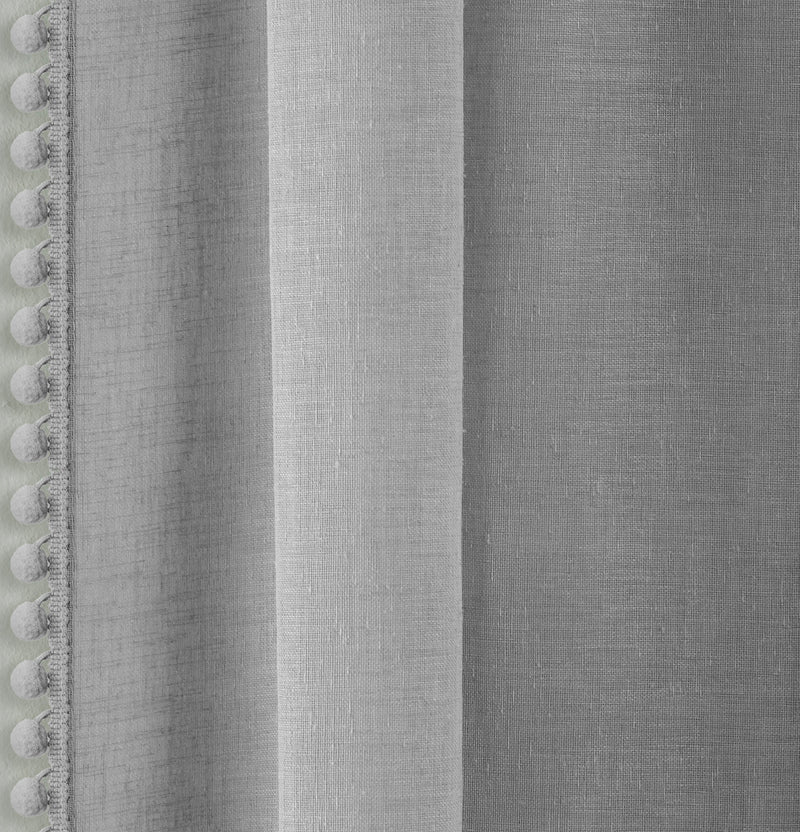 Pair of Tahiti Grey Pom-Pom Trim Linen Look Voile Panels with Rod Pocket Header