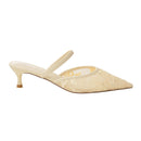 Lace Mesh Pointed Toe Heeled Mules Sandals - Beige