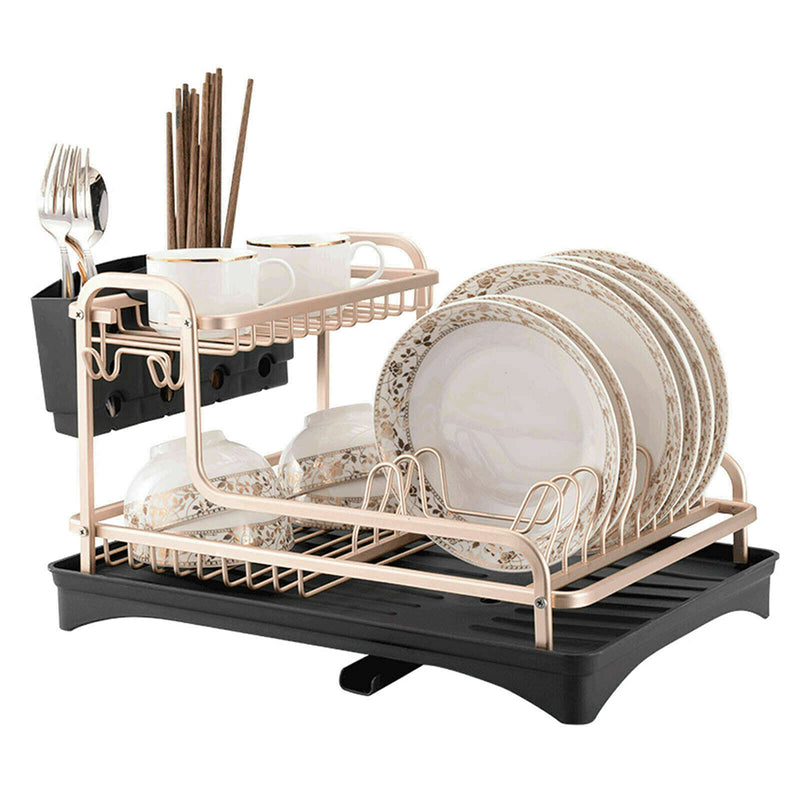 Lifeideas Dish Rack 2 Tiers Dish Drying Drainer with Drying Board Rose Gold