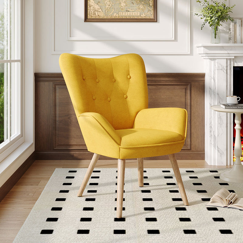 Livingandhome Yellow Linen Accent Armchair with Tufted Back