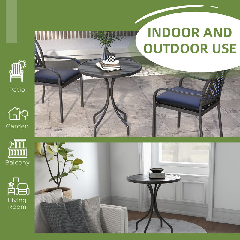 Outsunny Round Garden Table Outdoor Side Table with Steel Frame Slat Top Black