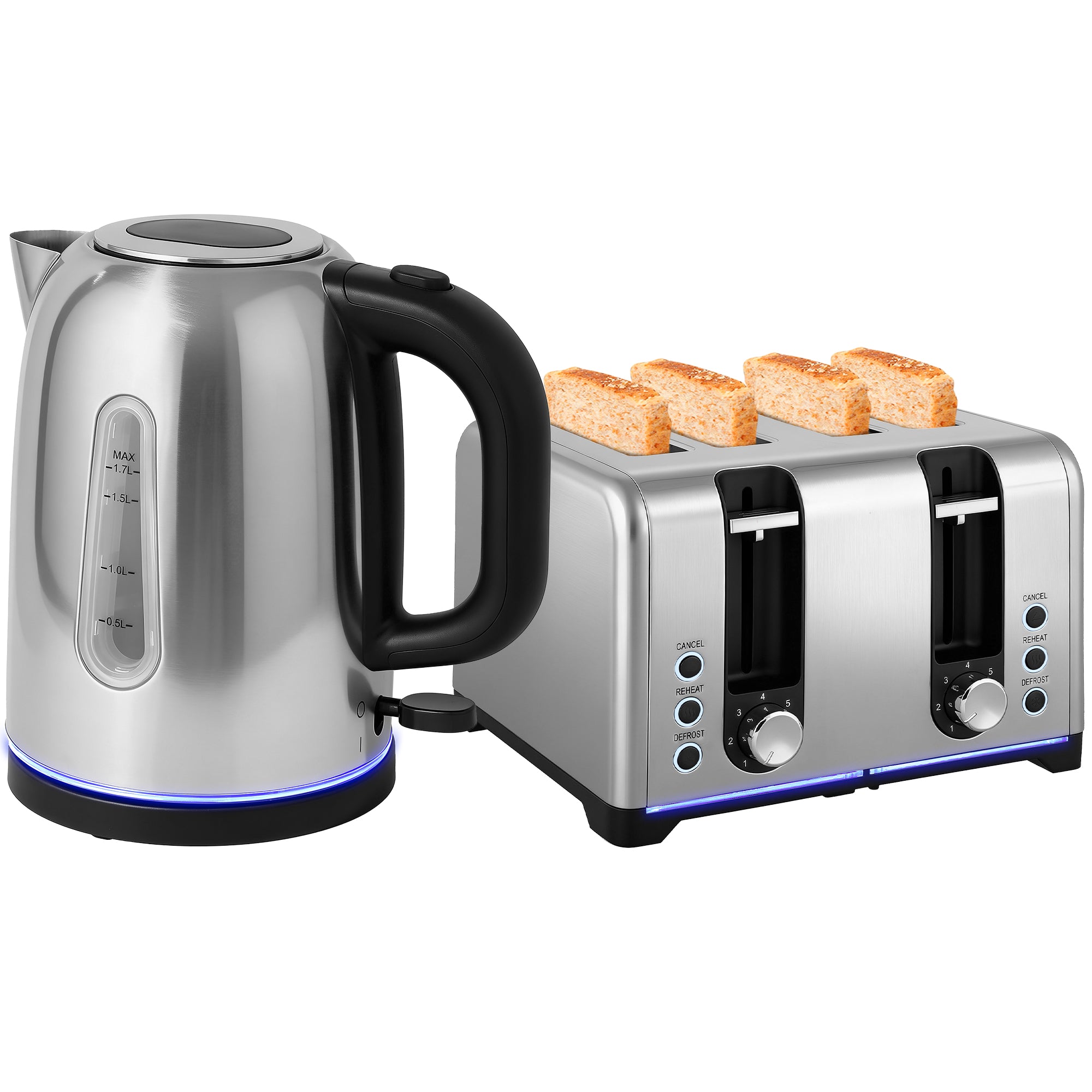 HOMCOM 4 Slice Wide Slot Toaster And 1.7L Rapid Boil Kettle Set, Silve