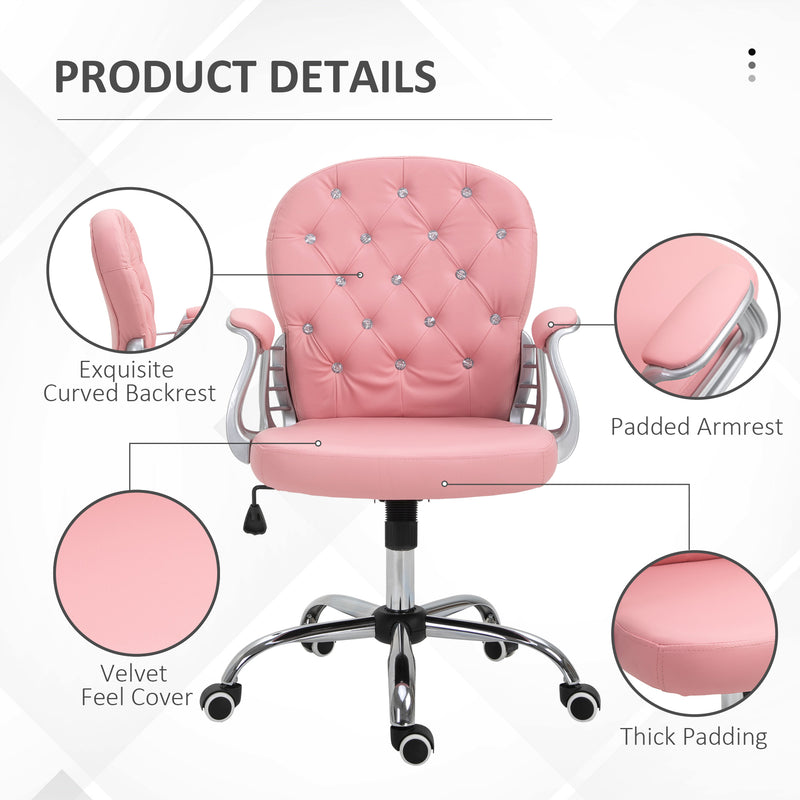 Vinsetto Office Chair PU Diamante Padded Ergonomic 360° Swivel - White/Grey/Pink