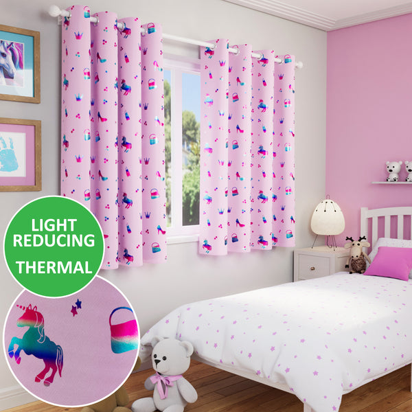 Enhanced Living Charm Room Darkening Thermal Pink Metallic Print Kid's Eyelet Curtains - Pink