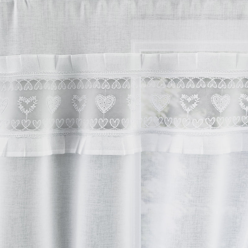 Tyrone Textiles Lucy White Embroidered Heart Kitchen Window Set Curtain Pair with Frill Edging and Matching Tie Backs