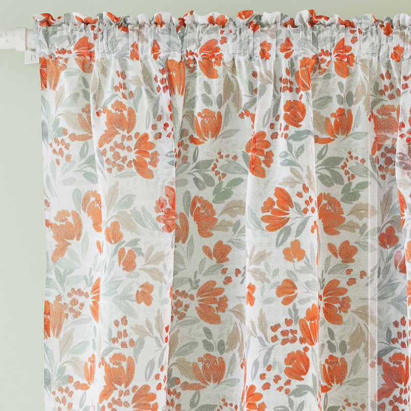 Mia Burnt Orange  Floral Print Sheer Voile Panels - Pair