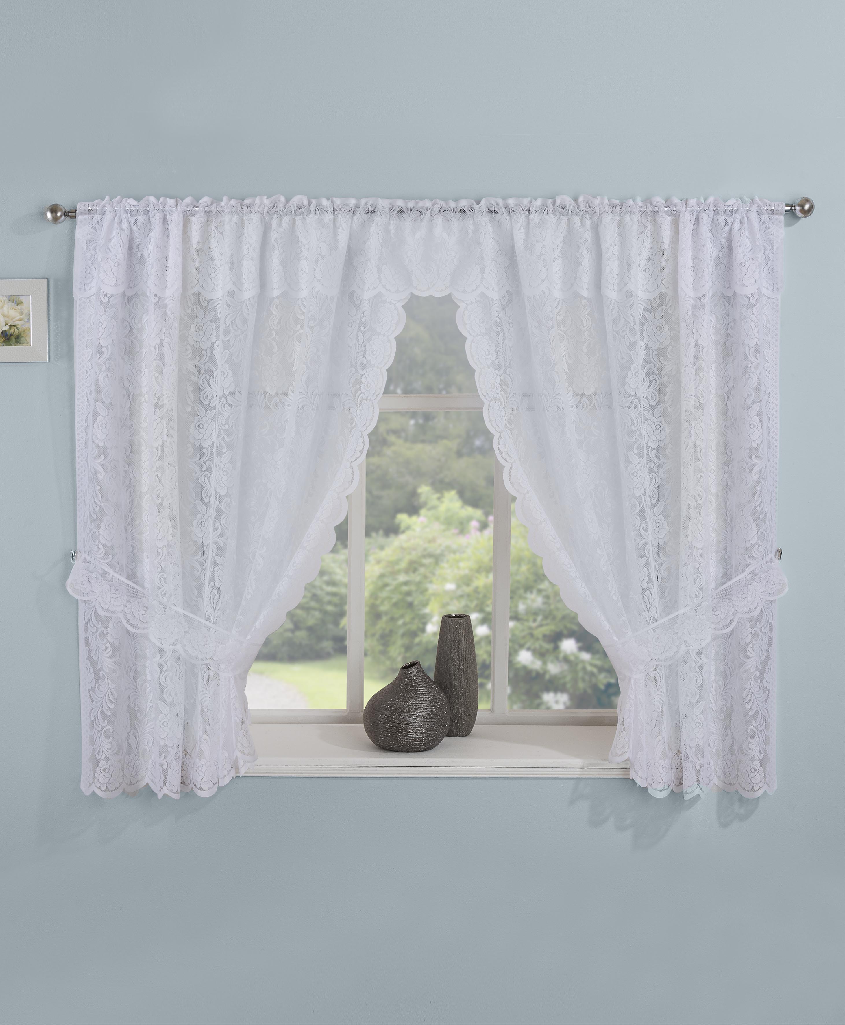 Kew White Embroidered Floral Rod Pocket Window Set With Attached Valan