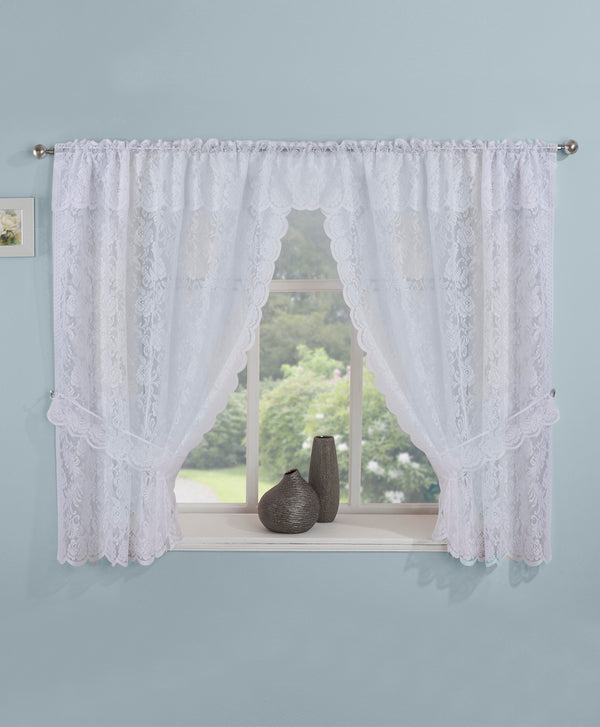 Kew White Embroidered Floral Rod Pocket Window Set With Attached Valance And 2 Matching Tie Backs