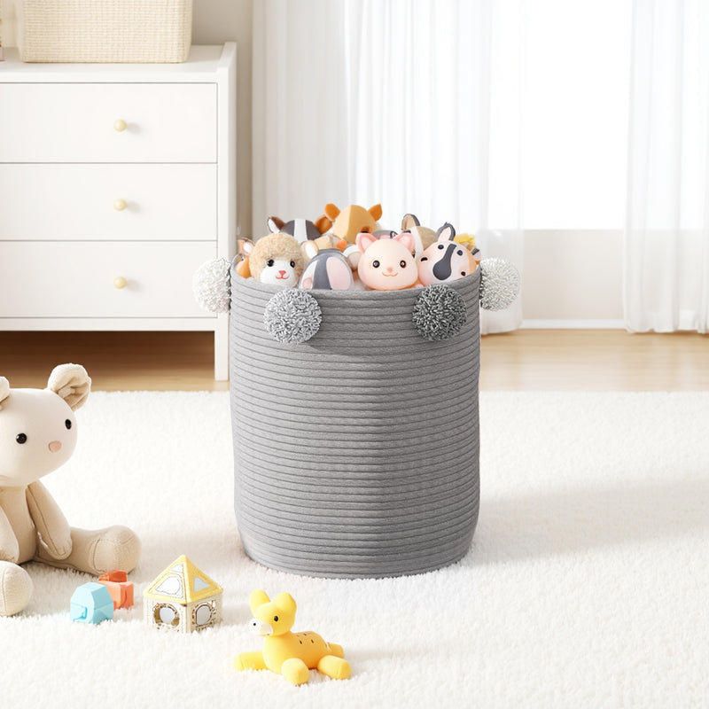 Lifeideas Cotton Rope Basket Woven Laundry Blanket Toy Basket Organizer with Pompom Living Room Grey