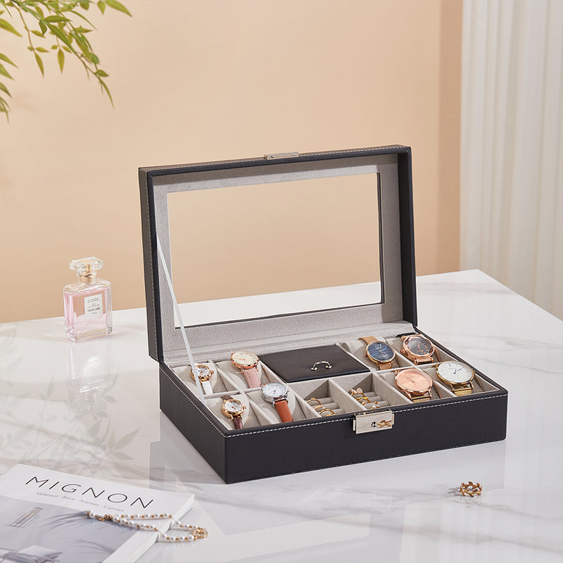 Sheonly 8-Slot Black PU Leather Watch Display Box with Ring Slots