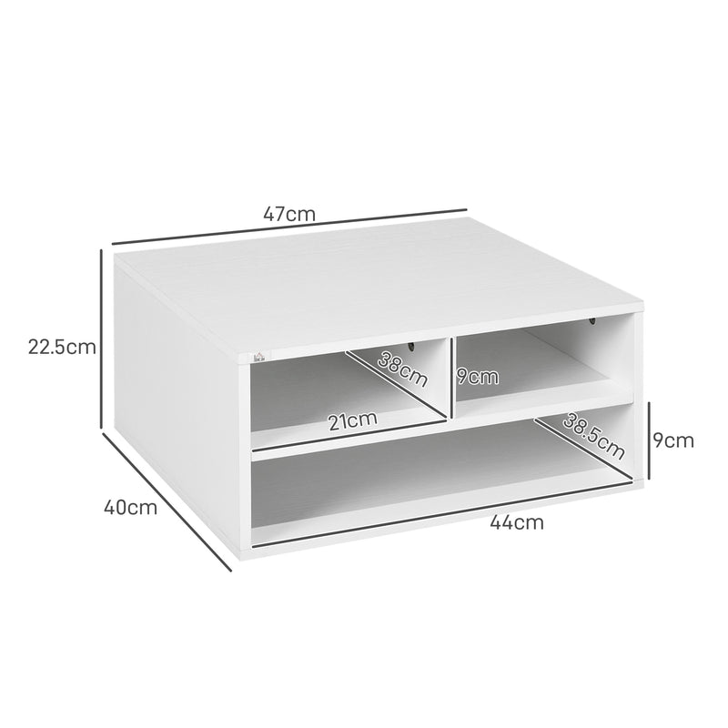 HOMCOM Desktop Printer Stand with 3 Open Compartments, Desk Organiser, White