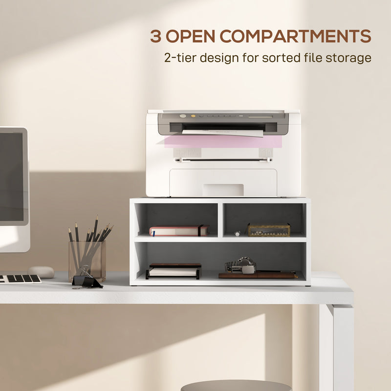 HOMCOM Desktop Printer Stand with 3 Open Compartments, Desk Organiser, White