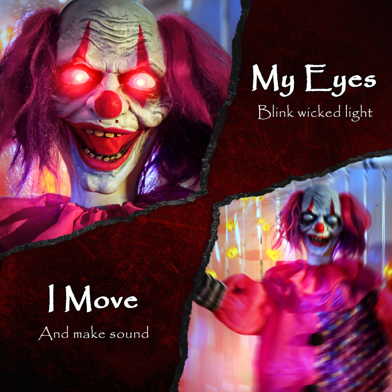 Outsunny Sound Activated Halloween Animatronics Clown with Red Light Up Eyes