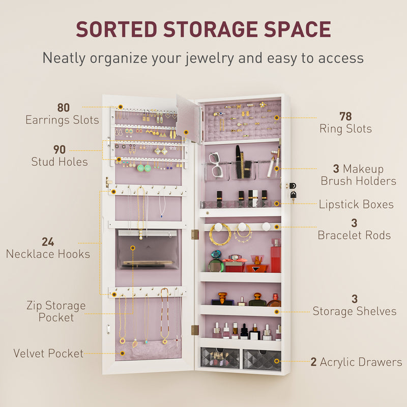 HOMCOM Door Hanging or Wall Mounted Jewellery Cabinet w/ Mirror Lining