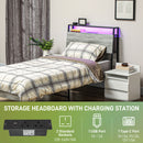 HOMCOM LED Cement Grey Bed Frame with Charging Station