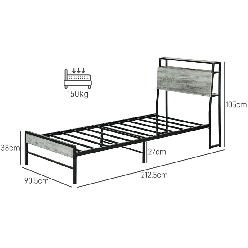 HOMCOM LED Cement Grey Bed Frame with Charging Station