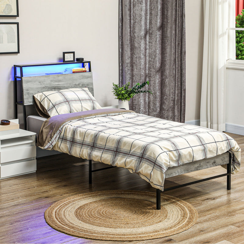 HOMCOM LED Cement Grey Bed Frame with Charging Station