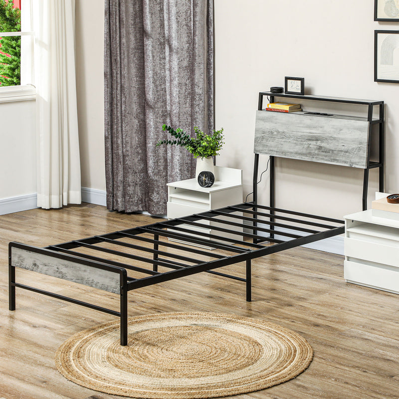 HOMCOM LED Cement Grey Bed Frame with Charging Station