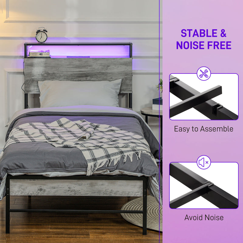 HOMCOM LED Cement Grey Bed Frame with Charging Station
