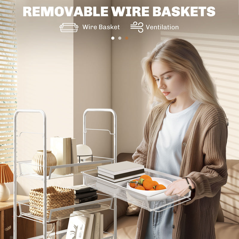 HOMCOM 5 Tier Utility Rolling Cart with Removable Mesh Baskets, White