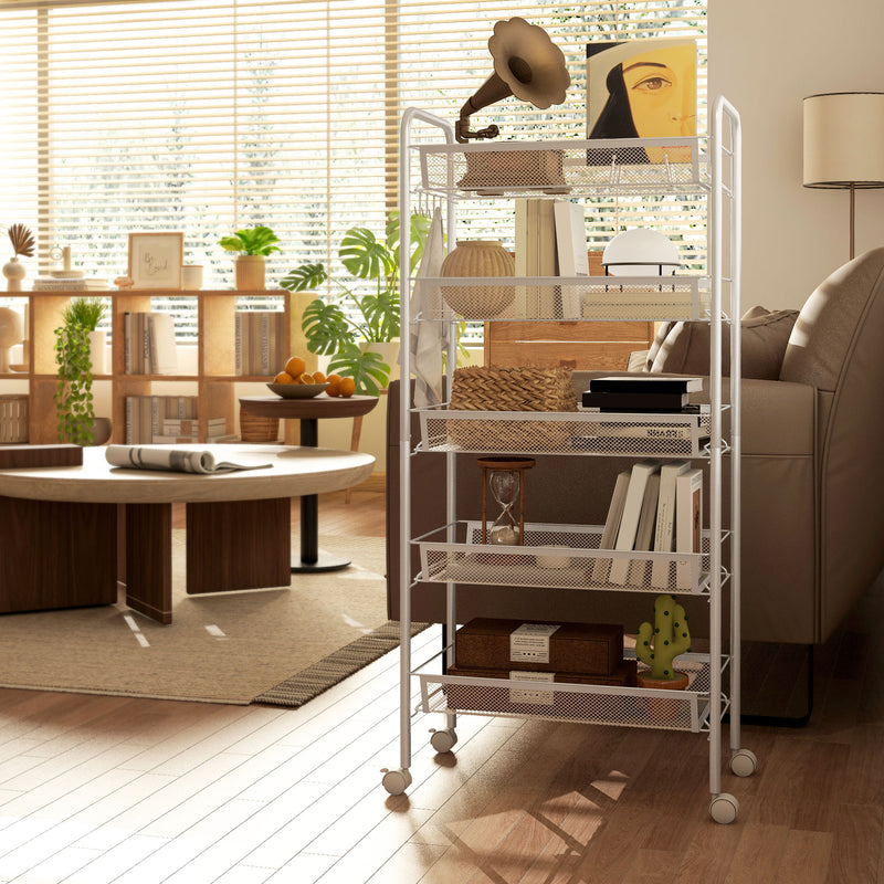 HOMCOM 5 Tier Utility Rolling Cart with Removable Mesh Baskets, White