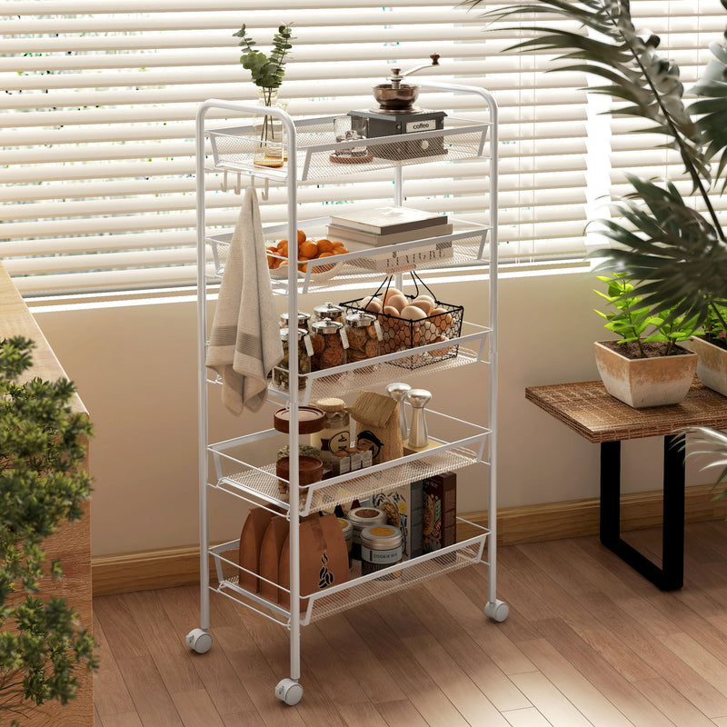 HOMCOM 5 Tier Utility Rolling Cart with Removable Mesh Baskets, White