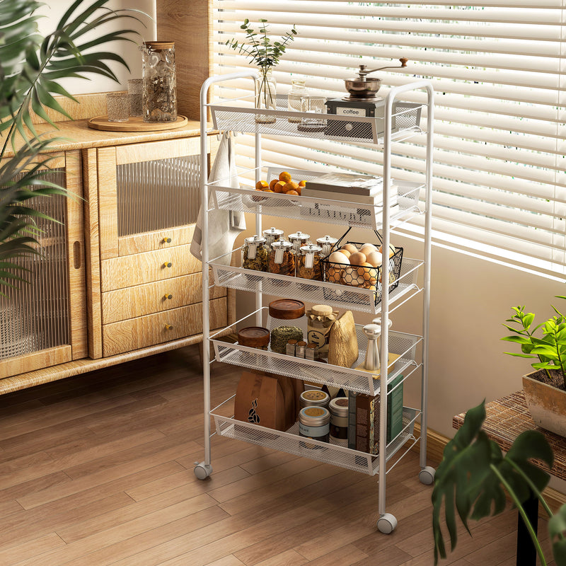 HOMCOM 5 Tier Utility Rolling Cart with Removable Mesh Baskets, White