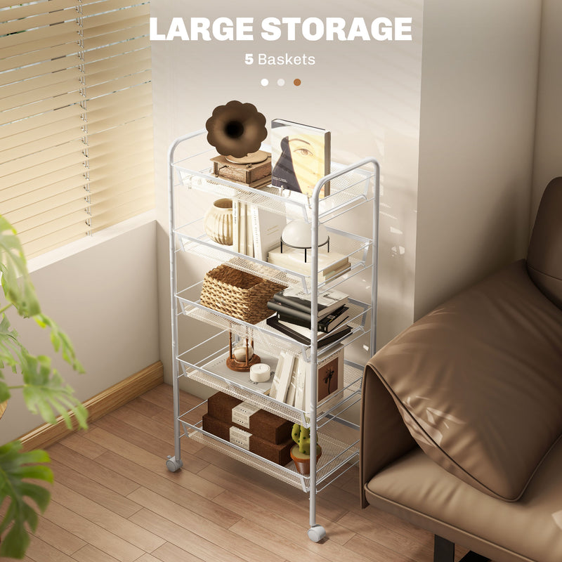 HOMCOM 5 Tier Utility Rolling Cart with Removable Mesh Baskets, White