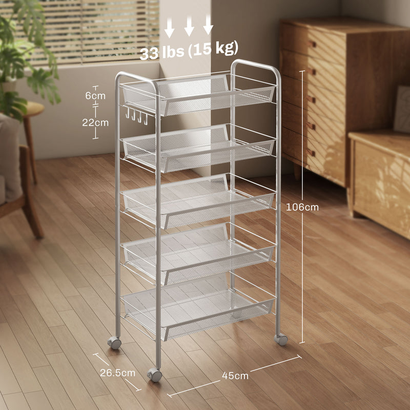 HOMCOM 5 Tier Utility Rolling Cart with Removable Mesh Baskets, White