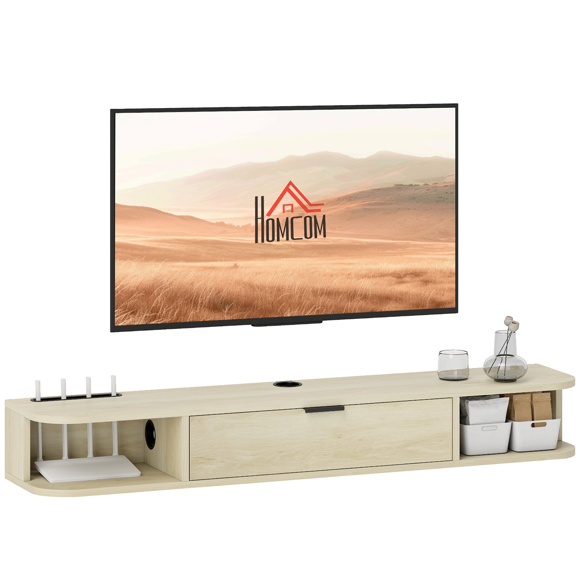 HOMCOM 120 Cm Floating TV Unit With Flip Drawer And Shelves, Natural