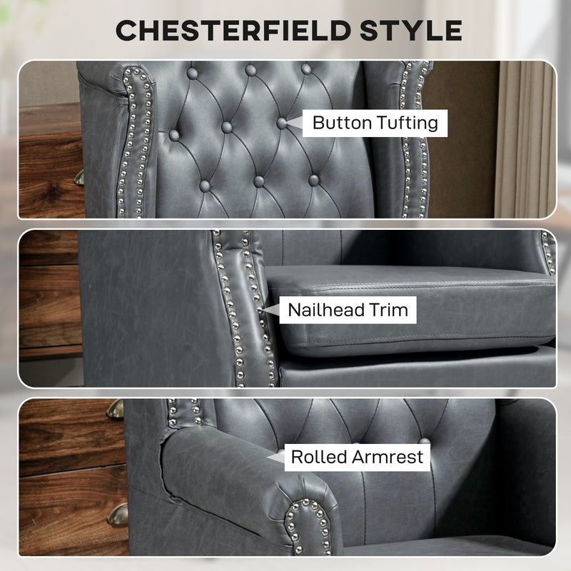 HOMCOM Chesterfield-style Wing Back Armchair Tufted Accent Chair Grey