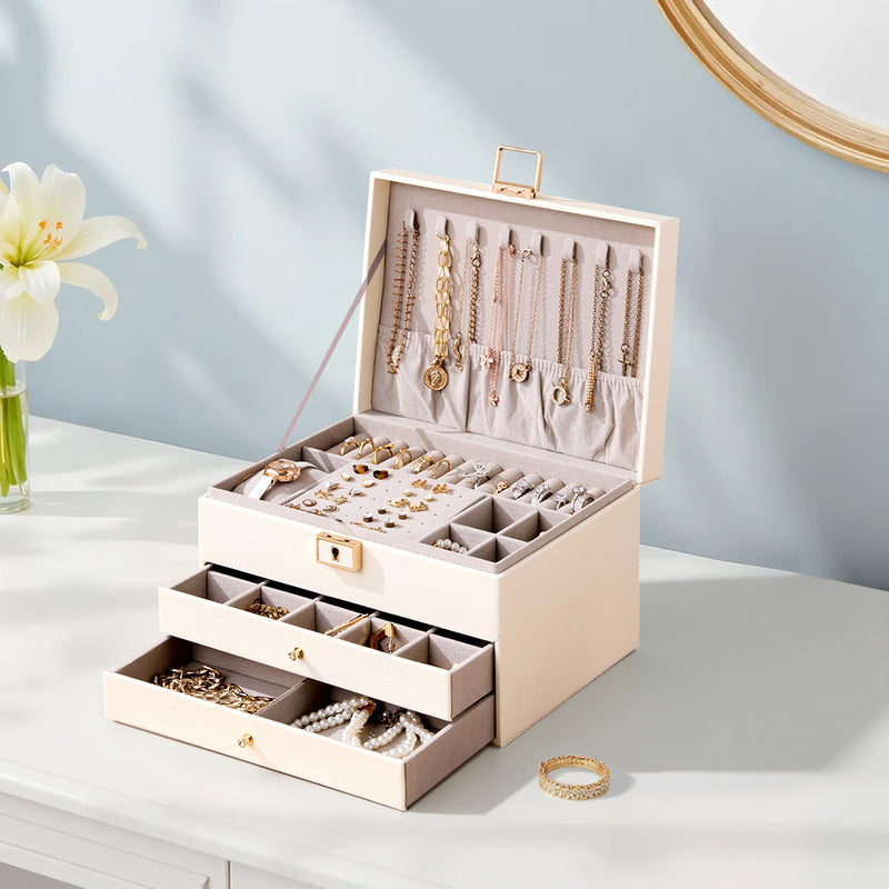 Sheonly PU Leather Jewellery Box with Mechanism Key Lock