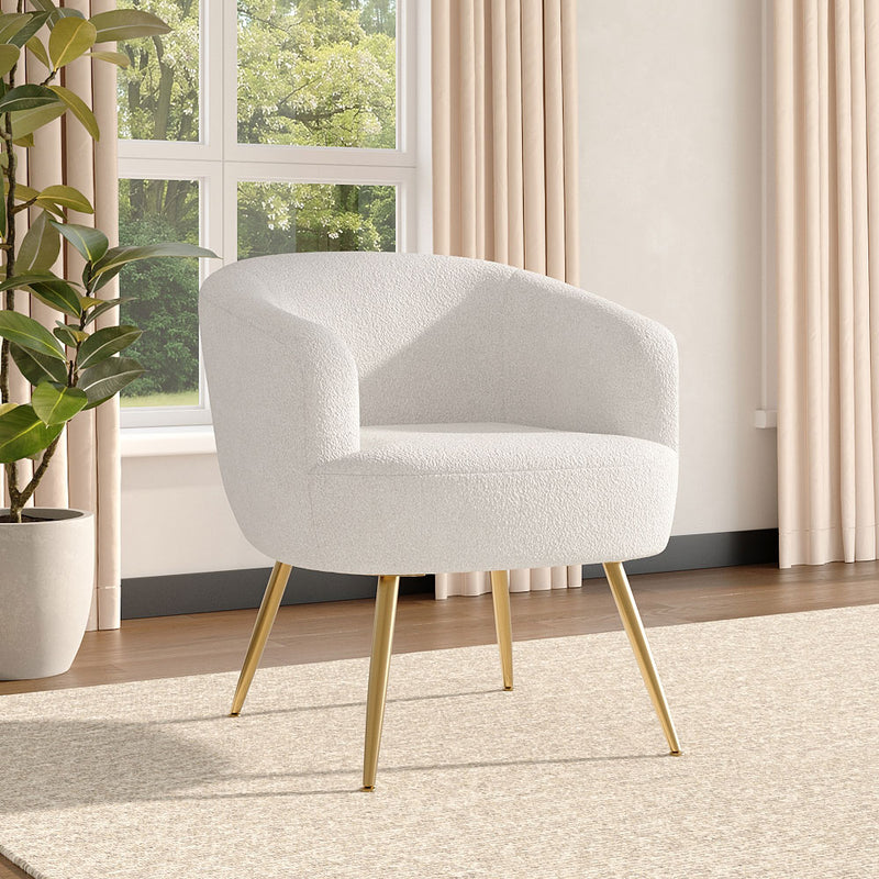Livingandhome White Teddy Fabric Armchair with Metal Legs