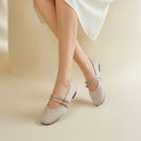 Rhinestones Double Strap Mary Jane Flats Shoes - Beige