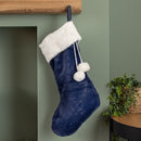 55cm Blue Soft Plush Hanging Christmas Stocking With Faux Fur Trim And Pom Poms