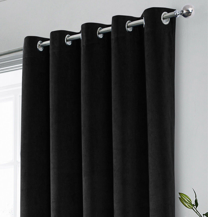 Luxury Enhanced Living Black Velvet, Supersoft, 100% out, Thermal Pair of Curtains with Eyelet Top