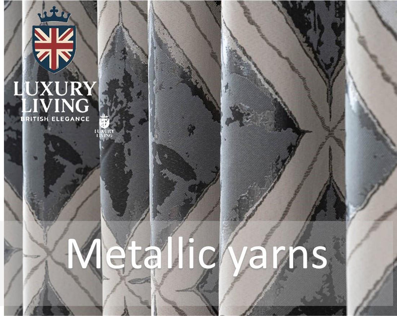 Luxury Diamond Jacquard Fully Lined Ring Top Curtains with Metallic Thread Charcoal/Silver