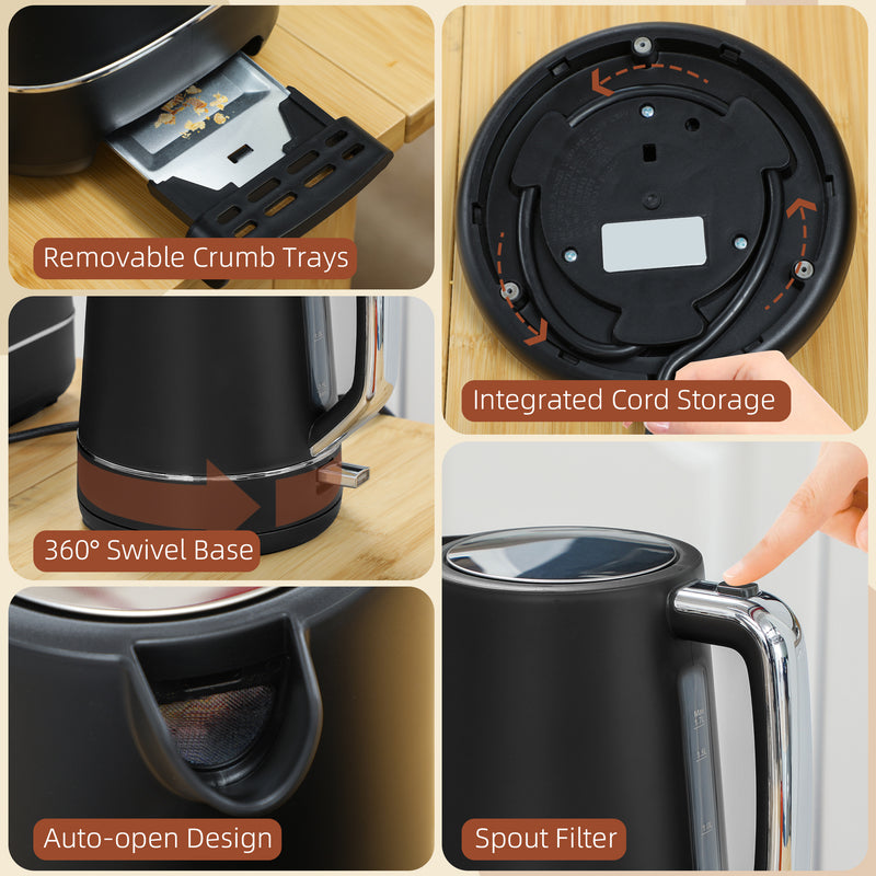 HOMCOM 1.7L 3000W Fast Boil Electric Kettle and 2 Slice Toaster Set
