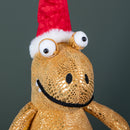 60cm Tall Gold Plush Zilla Dino Sitting Christmas Decoration with Santa Hat