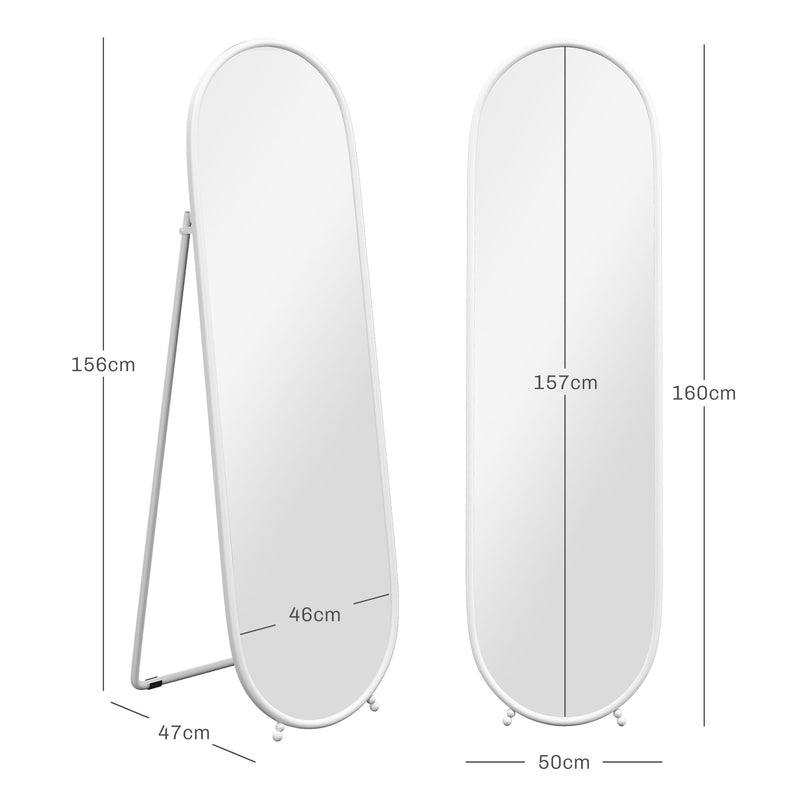 HOMCOM Oval Full Length Mirror With Metal Frame Hanging Or Leaning White