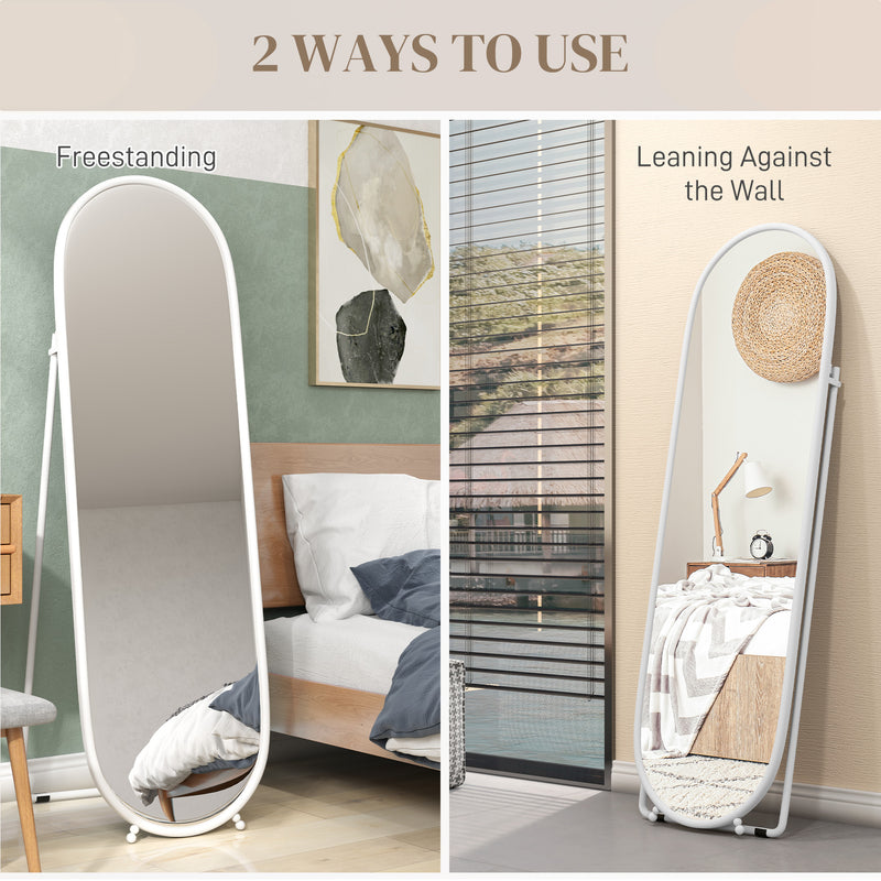 HOMCOM Oval Full Length Mirror With Metal Frame Hanging Or Leaning White