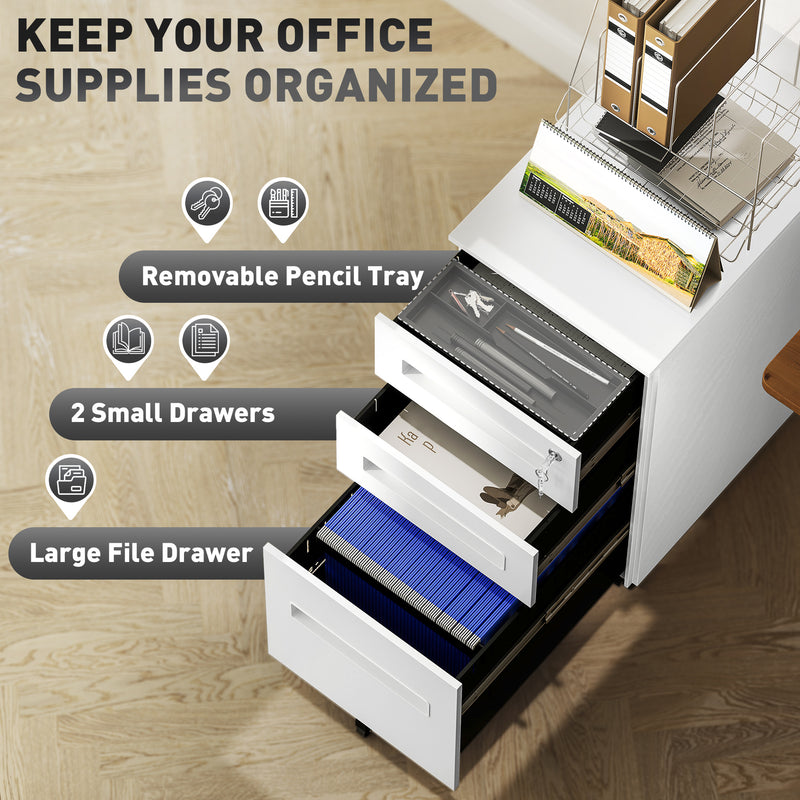 Vinsetto Lockable Mobile Filing Cabinet w/ 3 Drawers 30 x 43.5 x 60 cm