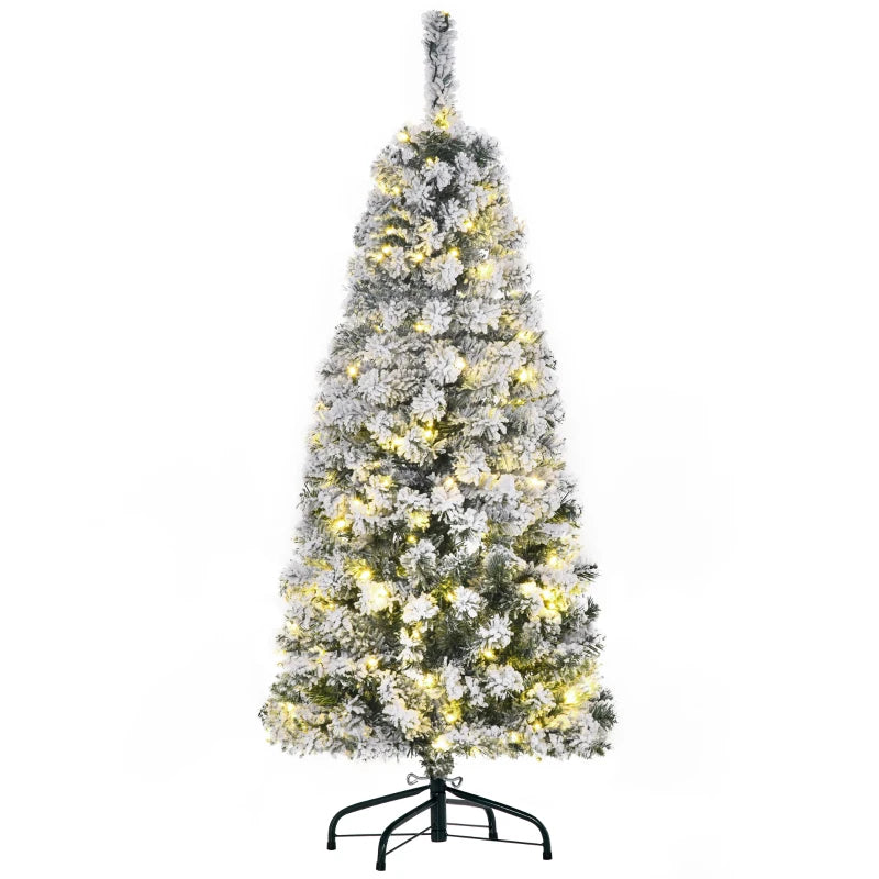 HOMCOM 4FT Prelit Artificial Snow Flocked Christmas Tree with Warm White LED Light- Green White