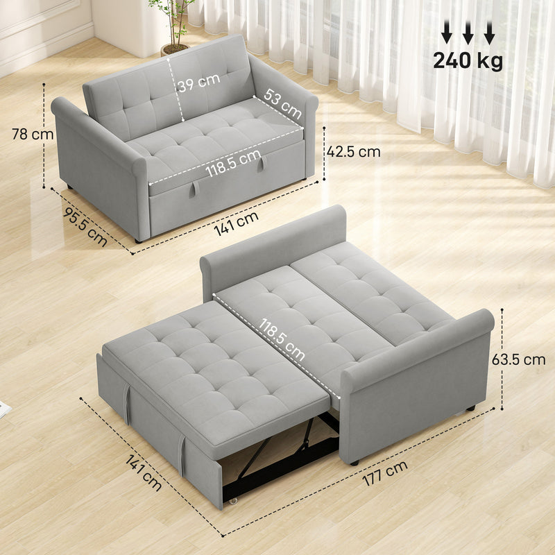 HOMCOM Convertible Pull Out Sleeper Sofa Bed Settee for Living Room, Grey