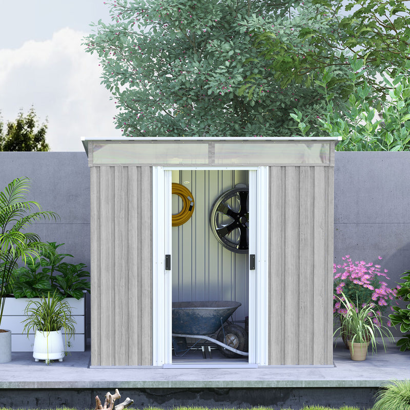 Outsunny 6.5x4FT Garden Shed Lockable Metal Tool Shed Light Grey Wood Effect