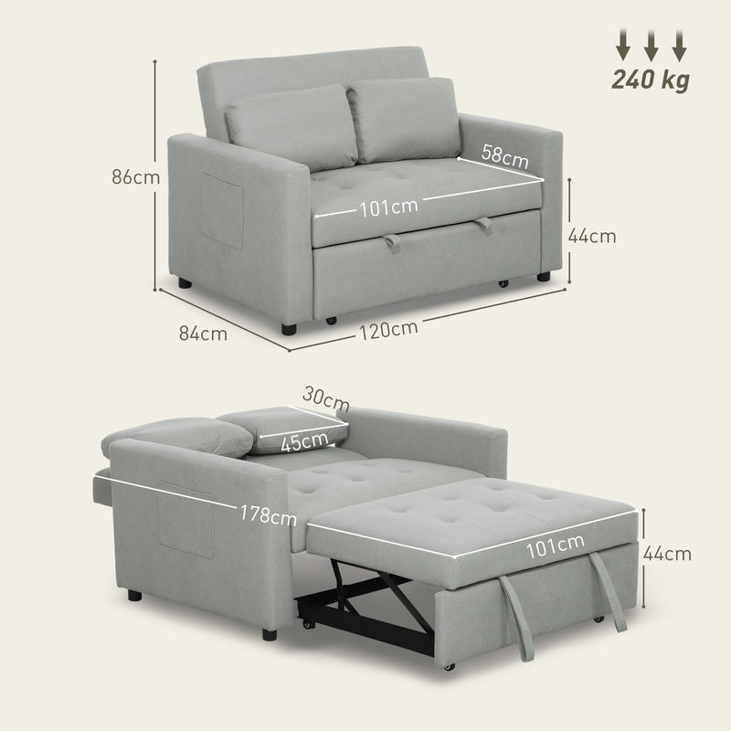 HOMCOM 2 Seater Sofa Bed Convertible Bed Settee with Cushions, Pockets, Grey