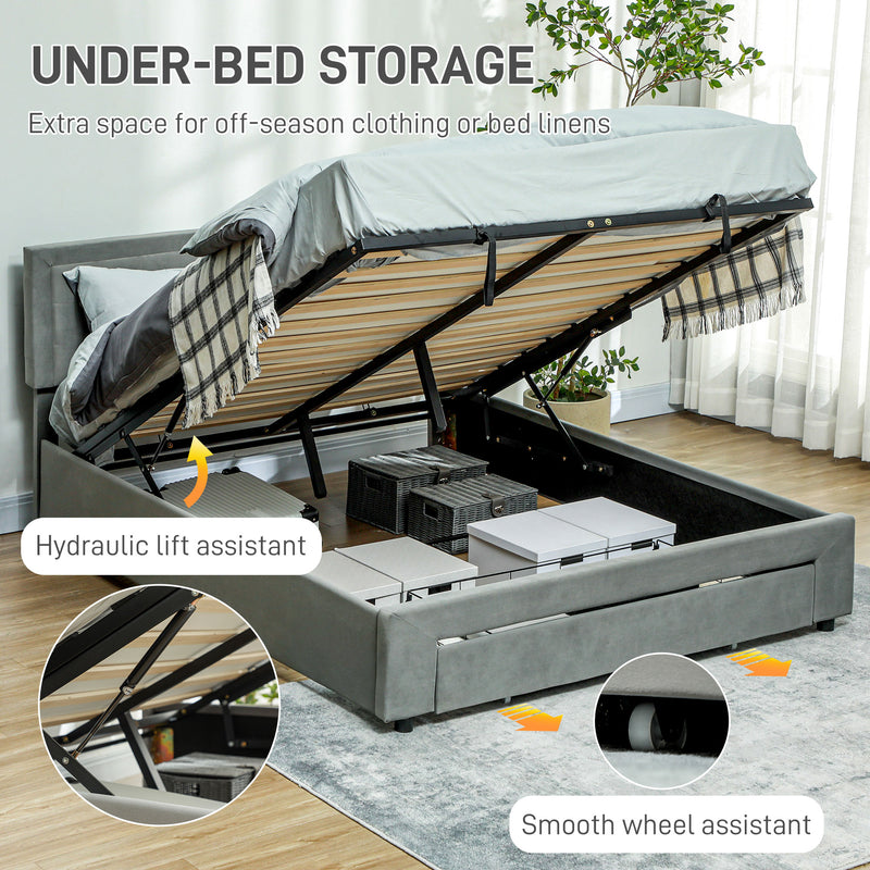 HOMCOM Double Bed Frame with Storage and Adjustable Velvet Headboard