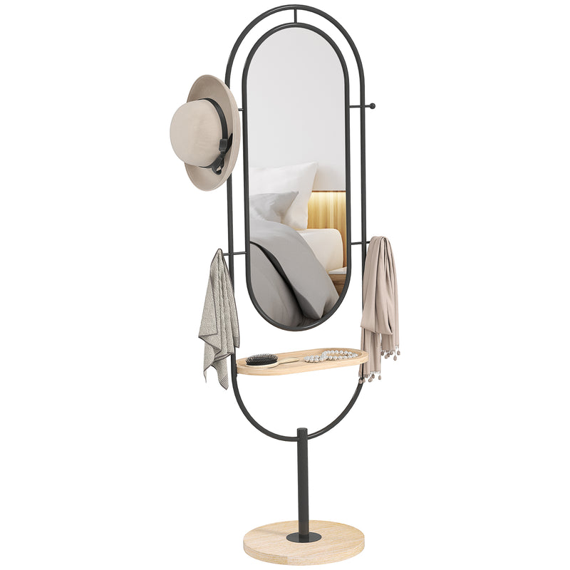 HOMCOM Full Length Mirror, Free Standing Mirror with Tray and Hooks, Black