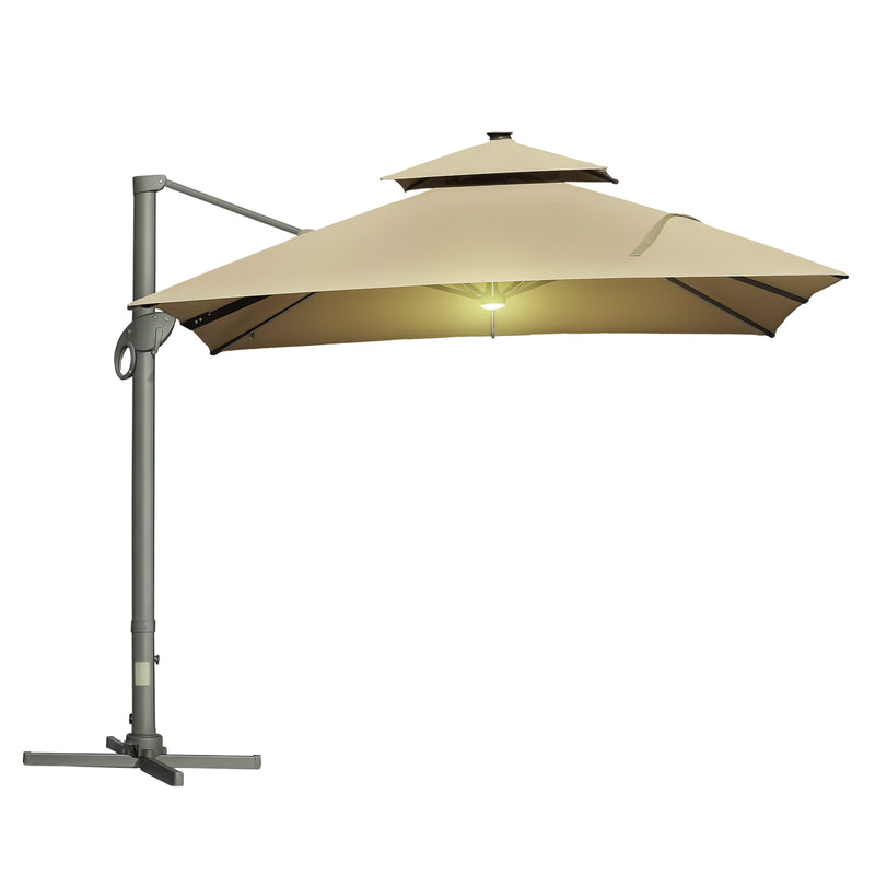 Outsunny 3 x 3(m) Cantilever Umbrella Power Bank Solar Cold Light Khaki