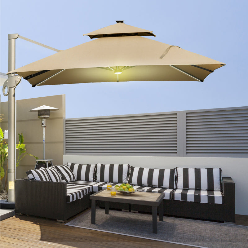 Outsunny 3 x 3(m) Cantilever Umbrella Power Bank Solar Cold Light Khaki